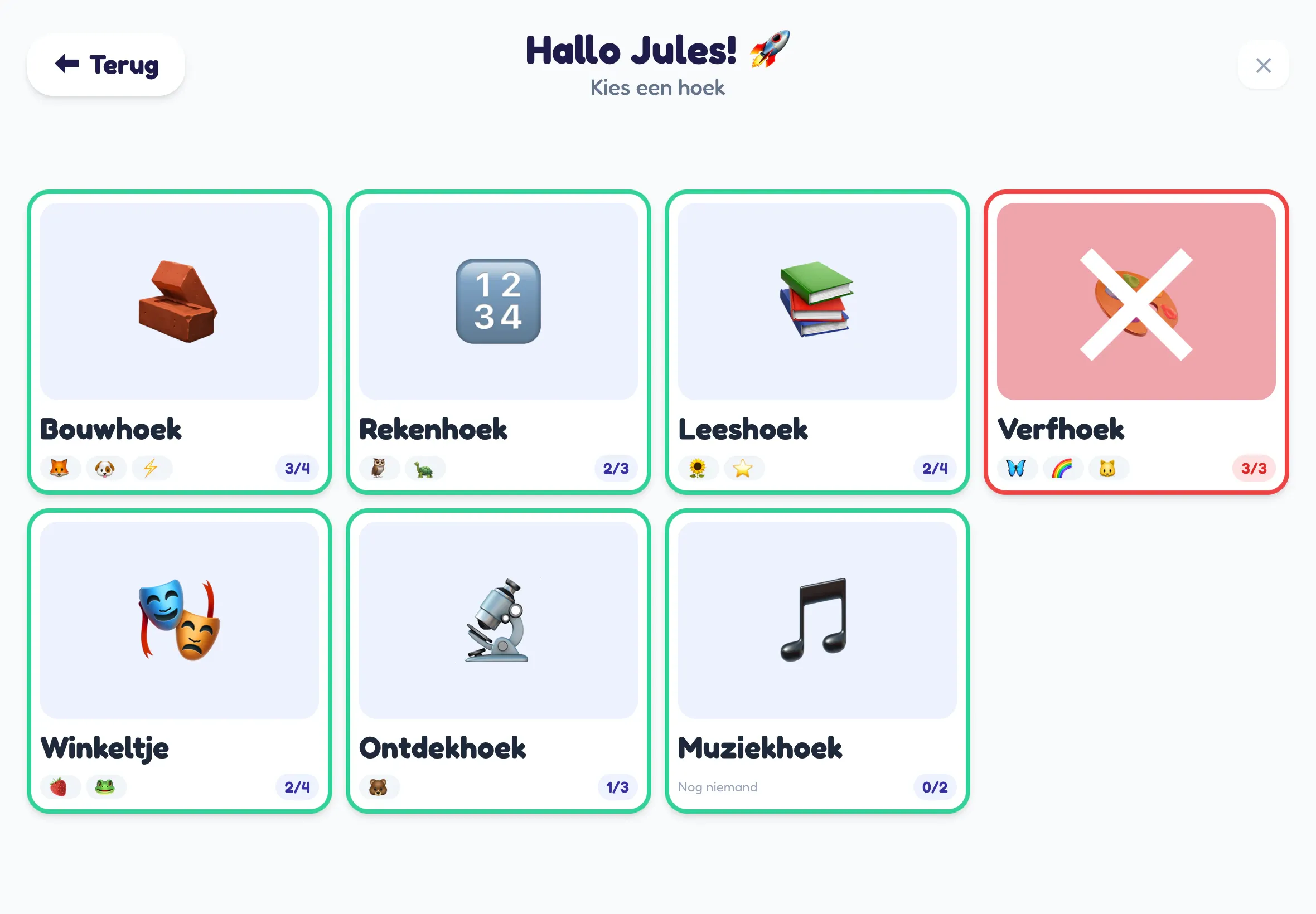 Het keuzebord op de tablet met zeven hoeken; de verfhoek is vol en rood doorstreept