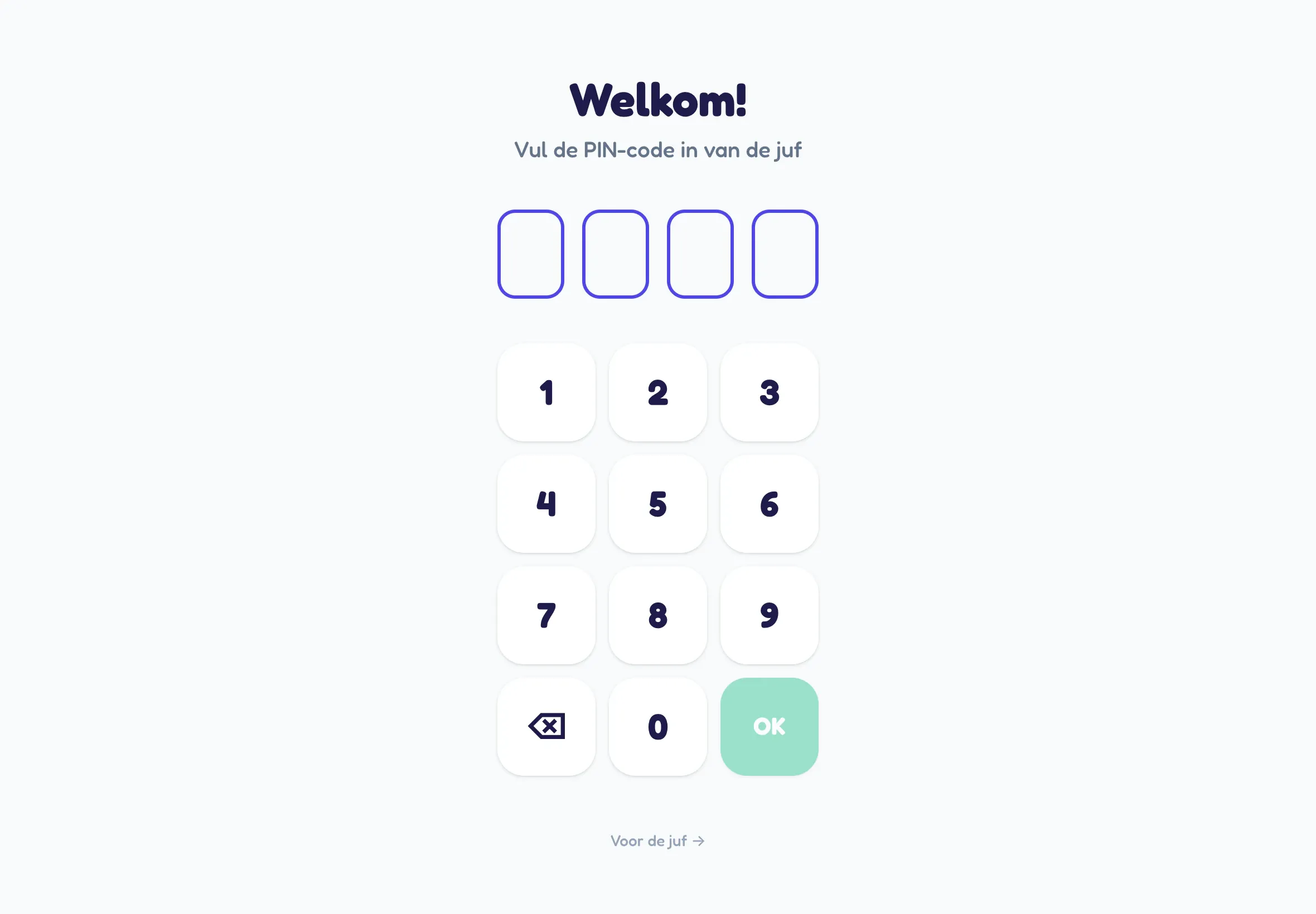 Het startscherm van de tablet: vul de PIN-code in van de juf